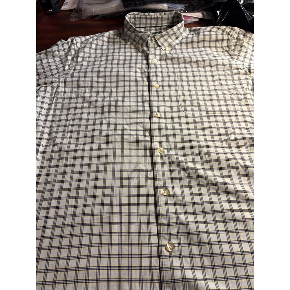 Orvis Classic Fit Plaid Button Down Shirt Mens XL White Navy Yellow Short Sleeve